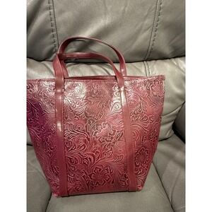 Victoria's Secret Burgundy Floral Embossed Faux Leather Tote Bag Wine Metallic